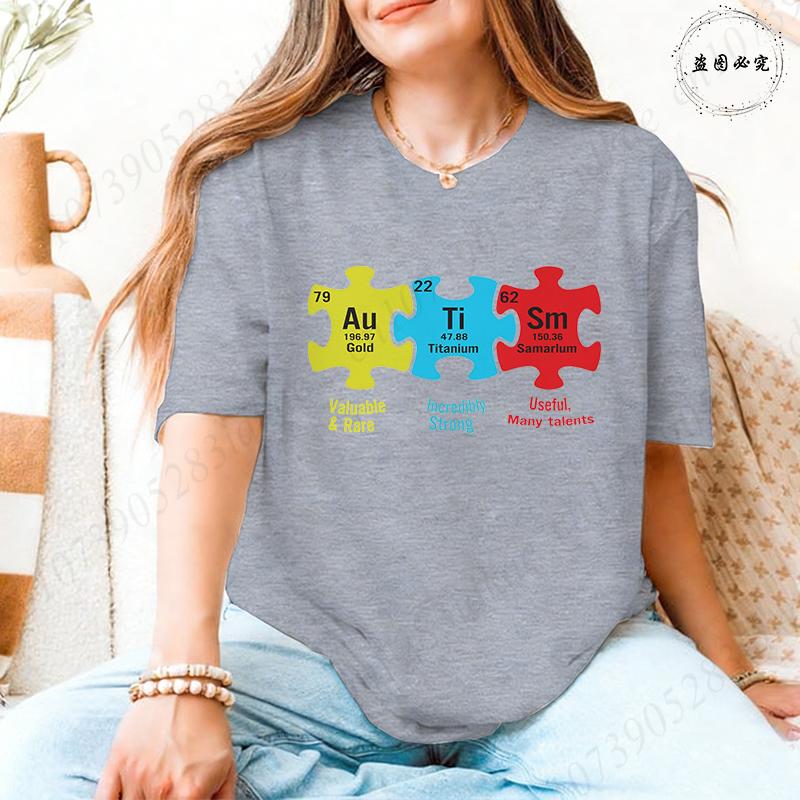 Womens Trendy Autism Awareness Tees Periodic Table Au Ti Sm Puzzle Graphic O Neck Short Sleeve Casual FeUnisex Daily Wear Tops S