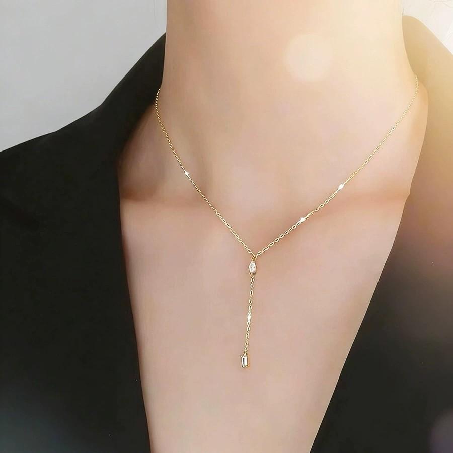 Factory Gold Plated 925 Sterling Silver Y-shape Tassel Zircon Pendant Necklace Engagement Anniversary Gift for Women