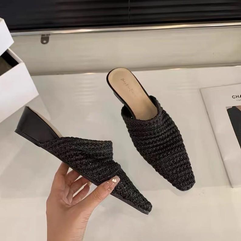 French Niche Weave Half Slippers Women Wear Summer High Heels With Skirts Evening Bag Head Shoes