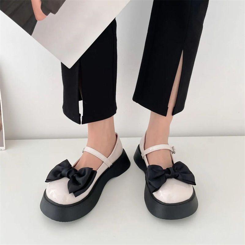 Mary Jane bow fashionable versatile flat-soled small leather shoes 2025 spring muffin thick-soled height increase sweet small single shoes