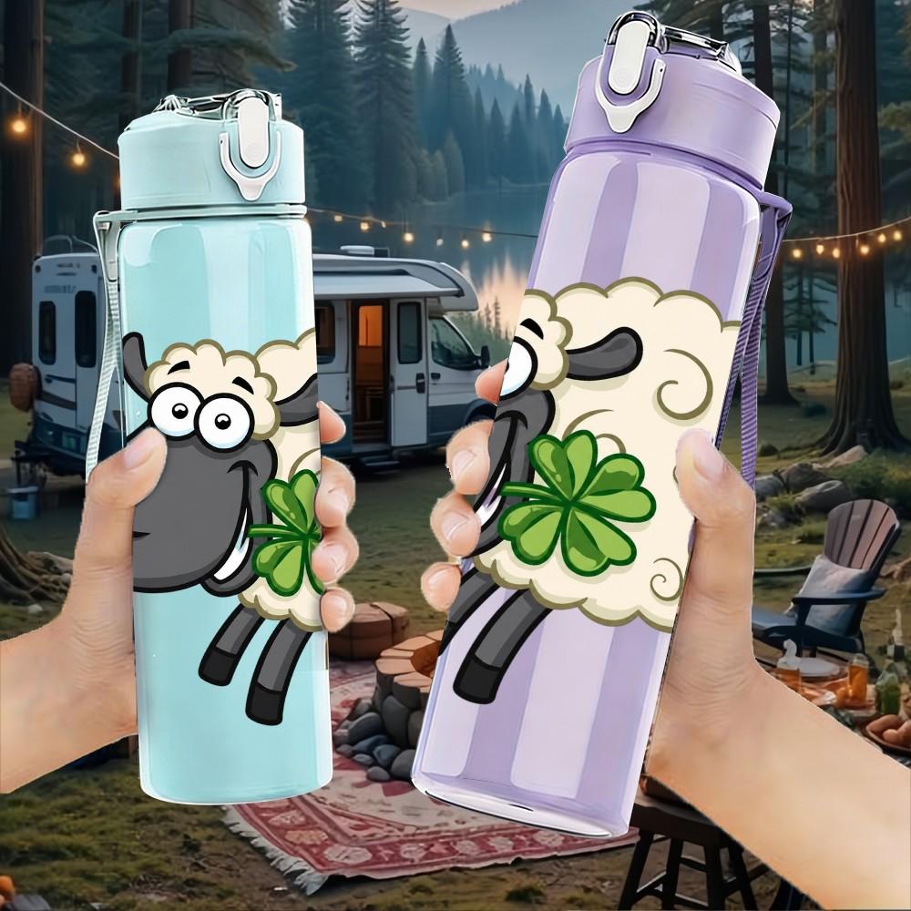 1PC Fluffy Cartoon Sheep Farm Animal Print 750ml Color Plastic Sports Water Bottle Leakproof Flip Straw Lid Suitable for Sports Office Home Use