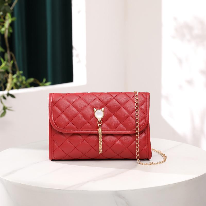 Sweet and Fashionable Embroidered Rhombus Small Square Bag Cat Head Fringed Pendant Messenger Women's Bag Mobile Phone Change Bag