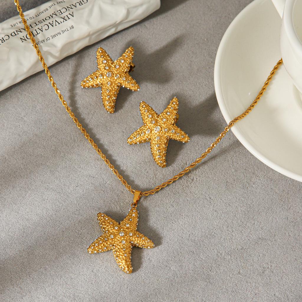 Diamond-encrusted star necklace, light luxury versatile five-pointed star stud earrings, fade-resistant versatile jewelry