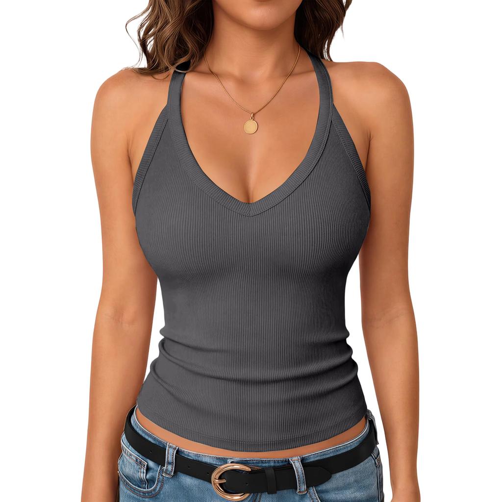 Women's Fashionable Minimalist Slim-Fit V-Neck Sleeveless Ribbed Top