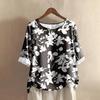 Women's Casual Mid-sleeve Round Neck Retro Floral Print Cotton And Linen Top