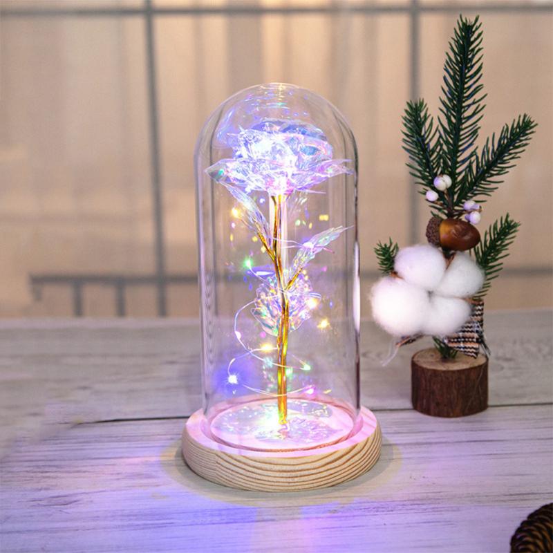 Glass  Dome  Cover  Roses  Ornaments Colorful Bendable Led Light Bar Valentine Day Creative Gift