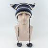 Knit Striped 3D Cat Ear Hat Elastic Windproof Hat with Pom Pom Decor Ear Protector Hat Winter Cycling Skiing Hat