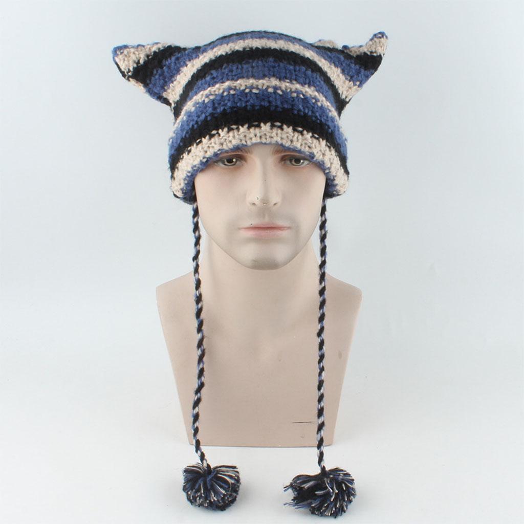 Knit Striped 3D Cat Ear Hat Elastic Windproof Hat with Pom Pom Decor Ear Protector Hat Winter Cycling Skiing Hat