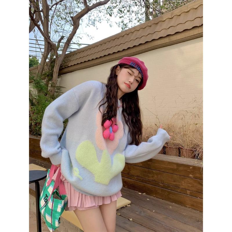 

Женские свитера с цветочным узором, милый женский пуловер с круглым вырезом, вязаный свитер, осень-зима, свободный женский теплый модный топ One Size синий