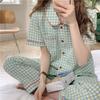 Women's Summer Homewear Set Ladies Short Sleeve Plaid Top + Pants Simple Set