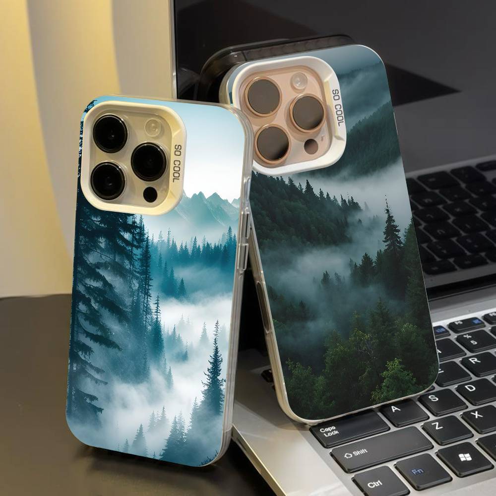 Mountain Misty Forest Phone Case for iPhone 17 17Air 16 15 14 13 12 11 Pro Max Plus Colorful Silver