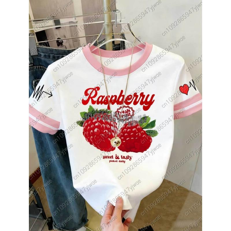 Womens Short Sleeve Color-Block Fresh Raspberry Print Y2k T Shirt Girl Round Neck Tee Outdoor Sports Adult Women's T-Shirt