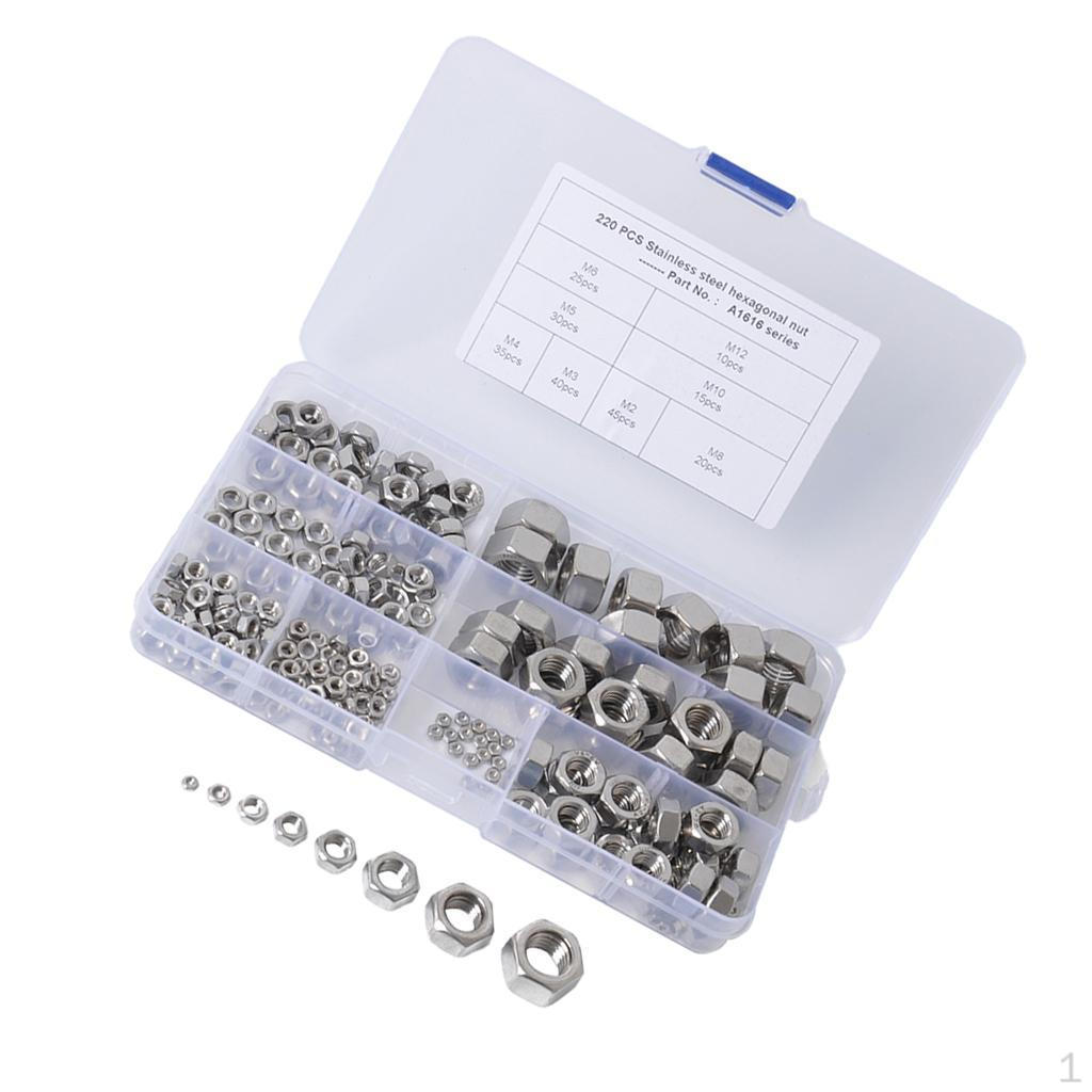 

304 Stainless Nut assortment set, 220pcs M2 - M12 Locknut
