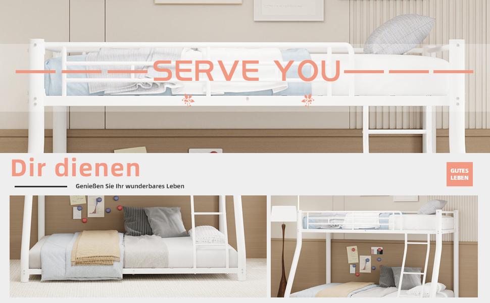 Estrutura de Metal Robusta para Cama Beliche, uma cama superior de 90*140cm e uma cama inferior de 140*190cm, Design que Economiza Espaço com Escada e Grades de Proteção de Comprimento Total.