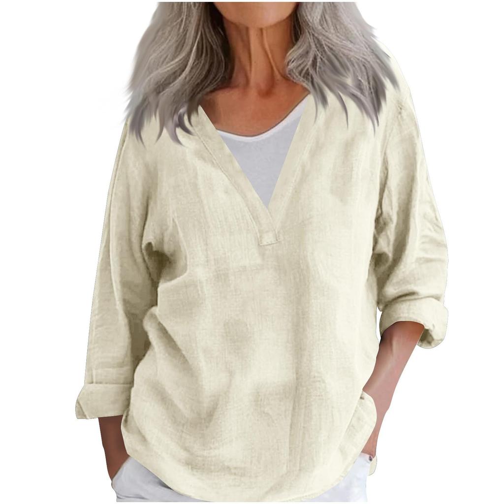 Women's Fashion Casual Cotton Linen V-Neck Long Sleeve Pullover Top