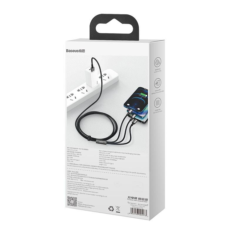 Kabel Usb 3W1 Baseus Tungsten Gold, Usb Do Micro Usb / Usb-C / Lightning, 3.5A, 1.5M (Czarny)