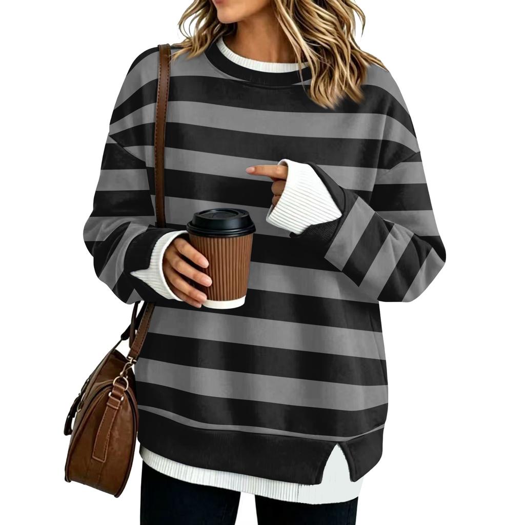 Damen Mode Lässig Gestreift Langarm Sweatshirt Zweiteilig Locker Sitzend Pullover Oberteil