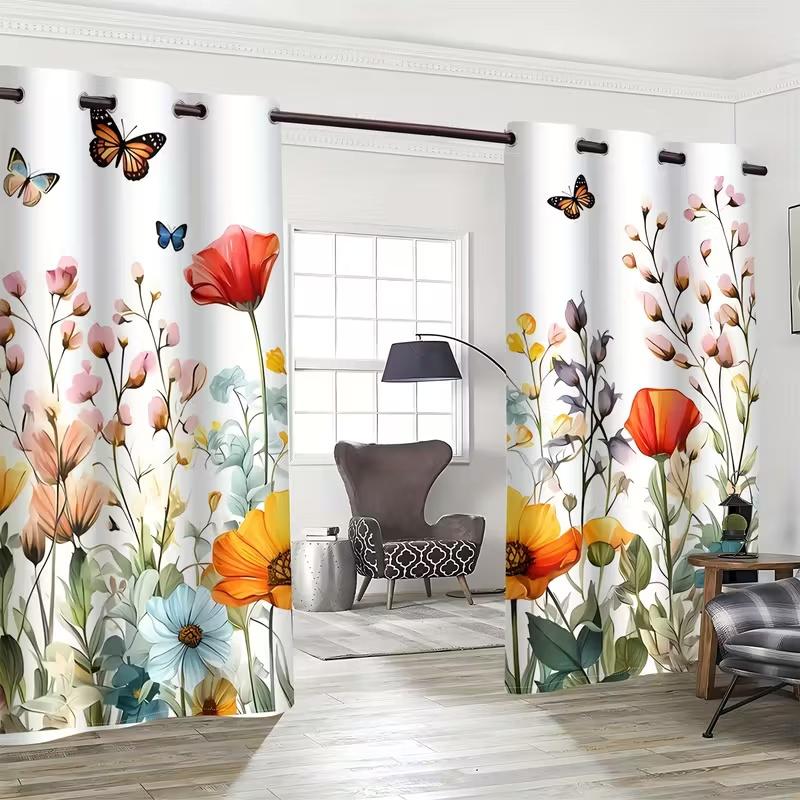 2 Pcs Flower butterfly print curtains,suitable for bedroom,living room kitchen decoration,home decoration,window decoration