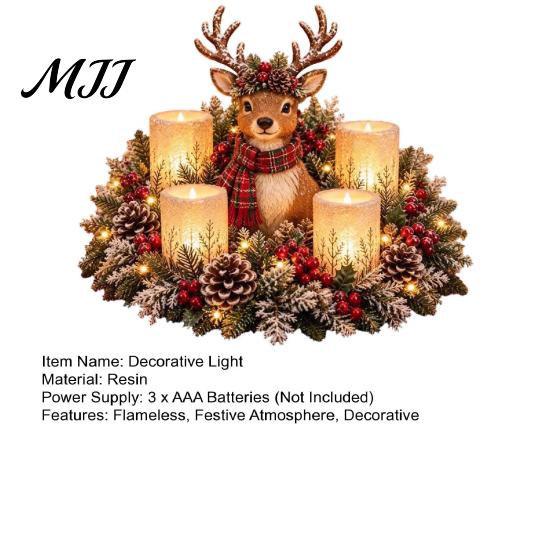 Decorative Evergreen Lamp Christmas Animal Candle Holder Figurine, Resin LED Flameless Holiday Centerpiece Light, Desktop Ornament for Mantel