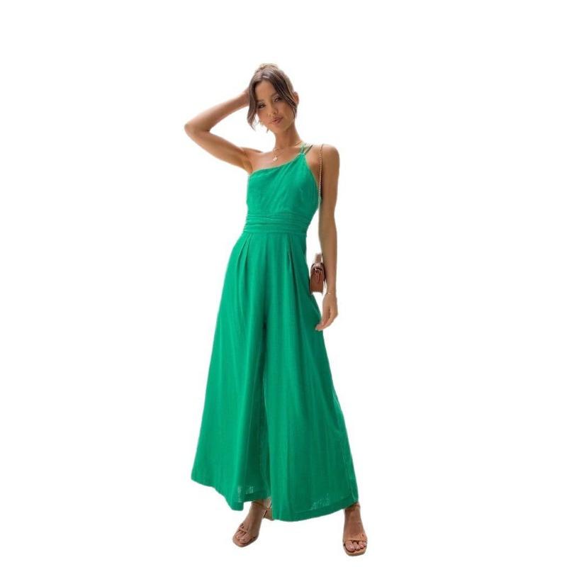 Women's Spring and Summer Solid Color Loose Wide Leg Cotton Hemp Jumpsuit