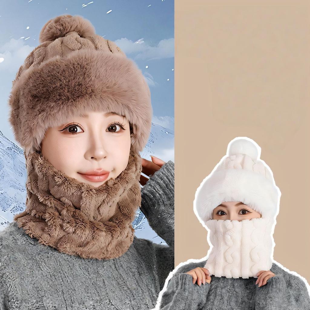 1Pcs Winter Knitted Hat Scarf Mask One-Piece Plush Pompom Beanies For Women Outdoor Cycling Cap Ears Neck Protection Skiing Cap