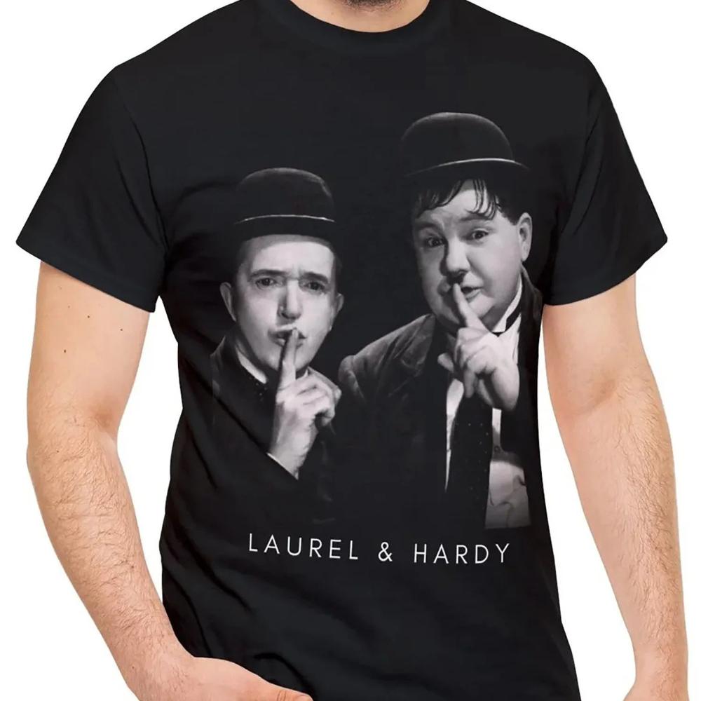 Men's Black Cotton Laurel& Hardy Comedy Duo Graphic T-Shirt Soft Breathable Short Sleeve Tee Vi