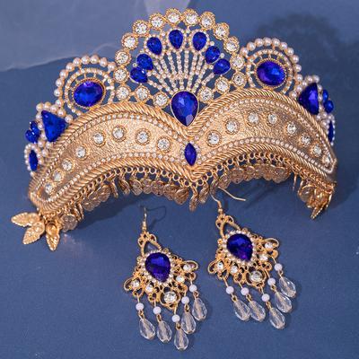 European and American Luxury Bridal Rhinestone Crown Tiara Light Luxury Exotic Tassel Photography Crown Earrings Set Studio Accessories