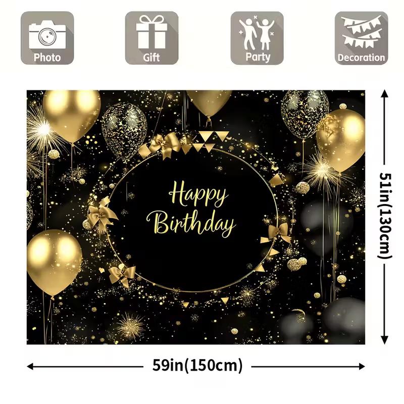 2D Glitter Balloon Birthday Backdrop, Black Gold Themed Party & Photoshoot Banner