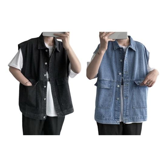 Men Summer Denim Vest Coat Lapel Sleeveless Solid Color Denim Waistcoat Single Breasted Large Pockets Design Washed Cargo Waistcoat