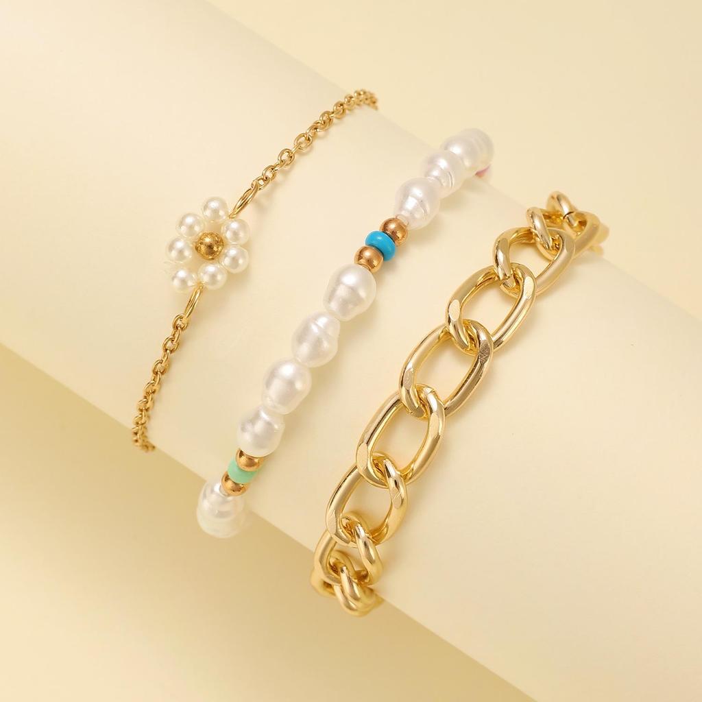 Minimalist European & American Pearl Flower Chunky Cuban Chain Bracelet Set for Women - Summer Hand Accessories