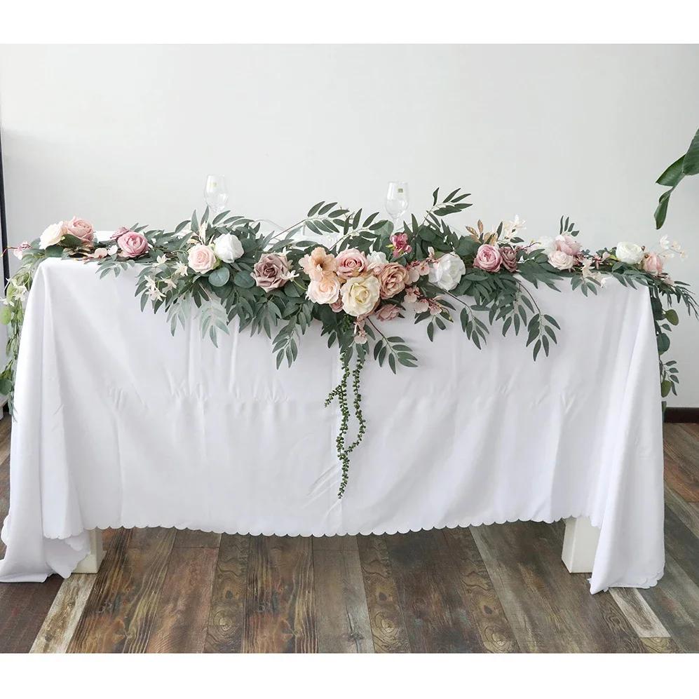 2.7M Artificial Wedding Eucalyptus Garland Runner with Rose Flowers Rustic Floral Table Centerpieces Boho Wed Decoration