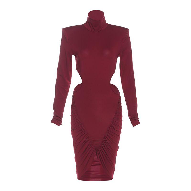 

# Sisjuly# European and American Elegant Gorgeous Queen Shell Pattern Ruched Design Sexy Beauty Back Long Sleeves Dress Female Summer Burgundy S