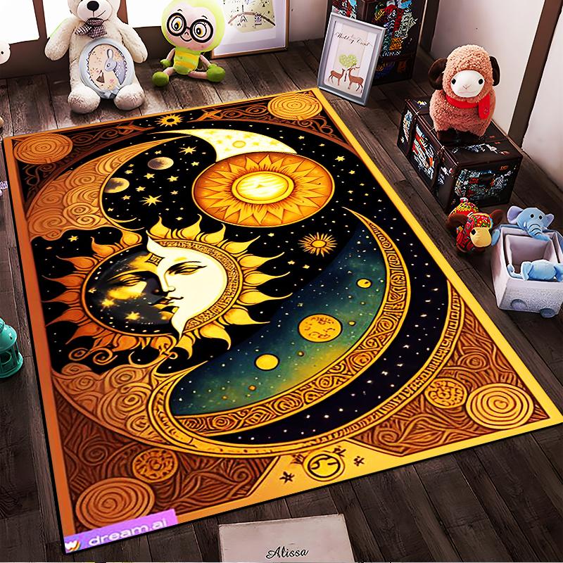 Sun and Moon Yin-Yang Themed Carpet with Cosmic Starry Pattern Suitable for Use As an Anti-slip for Living Room Bedroom Sofas