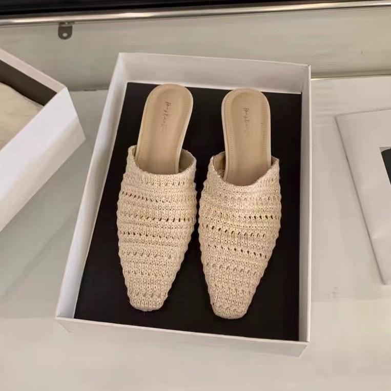 French Niche Weave Half Slippers Women Wear Summer High Heels With Skirts Evening Bag Head Shoes