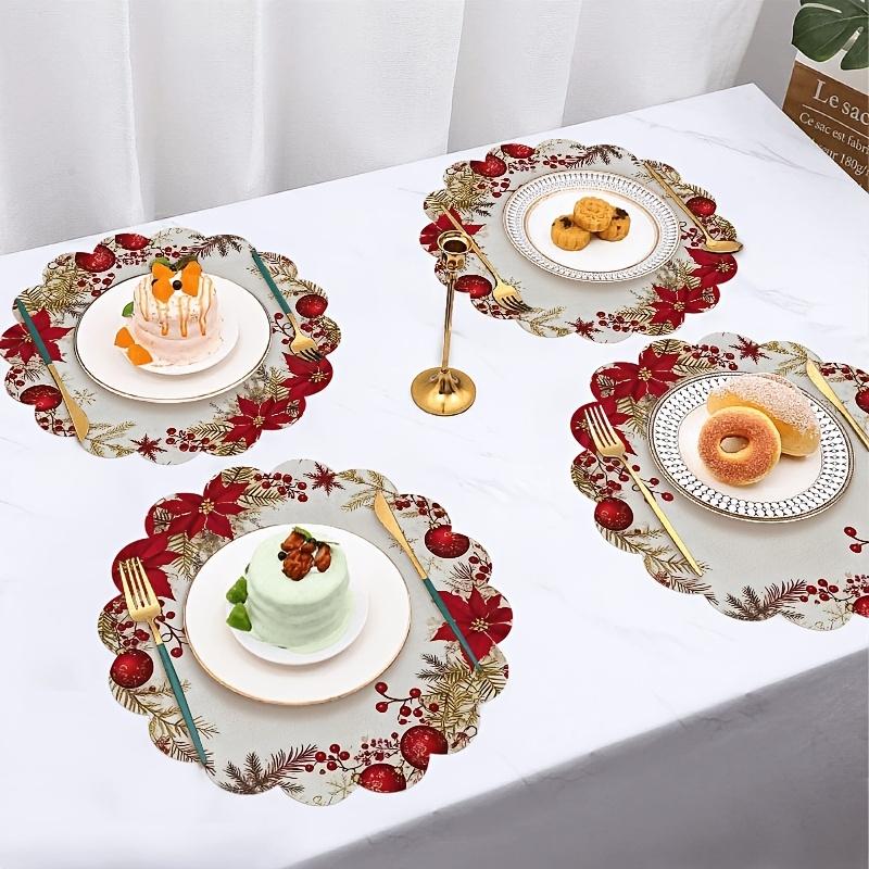 Christmas Themed Exquisite Printed Wavy Placemats, Red Berries, and Golden Pine Branch Patterns, Non-slip, Heat-resistant, Suitable for Holiday Table