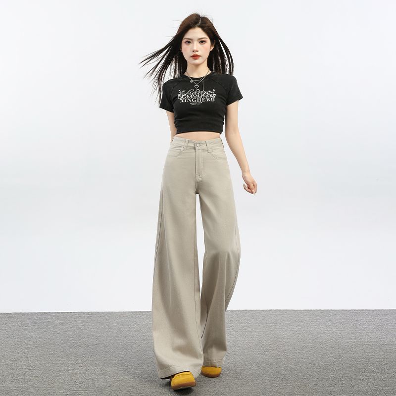 Spring Summer Khaki High Waist Tencel Patchwork Slim Relax Straight Wide Leg Denim Pants For Ladies Casual Pants Oversize Denim Trousers