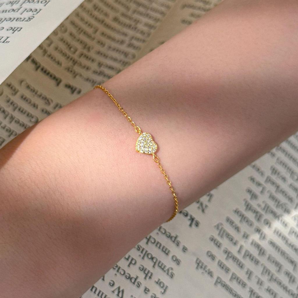 18K Gold-Plated S925 Sterling Silver Heart Bracelet with Full Diamond Inlay - Women's Japanese & Korean Cute, Versatile, Layered Jewelry