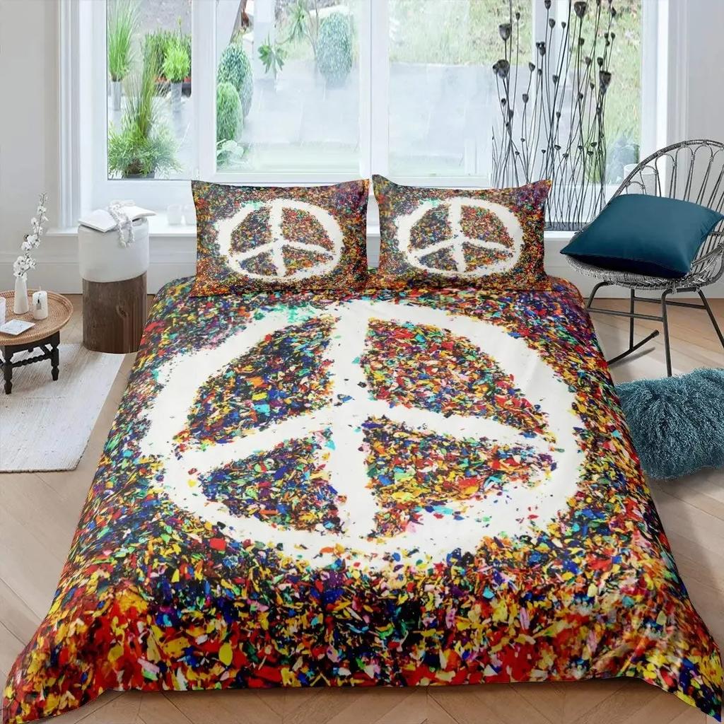 Buntes Friedenssymbol Bettbezug-Set Queen-Size Boho Hippie Psychedelische Blumen Bettwäscheset Regenbogen Batik Deckenbezug-Set