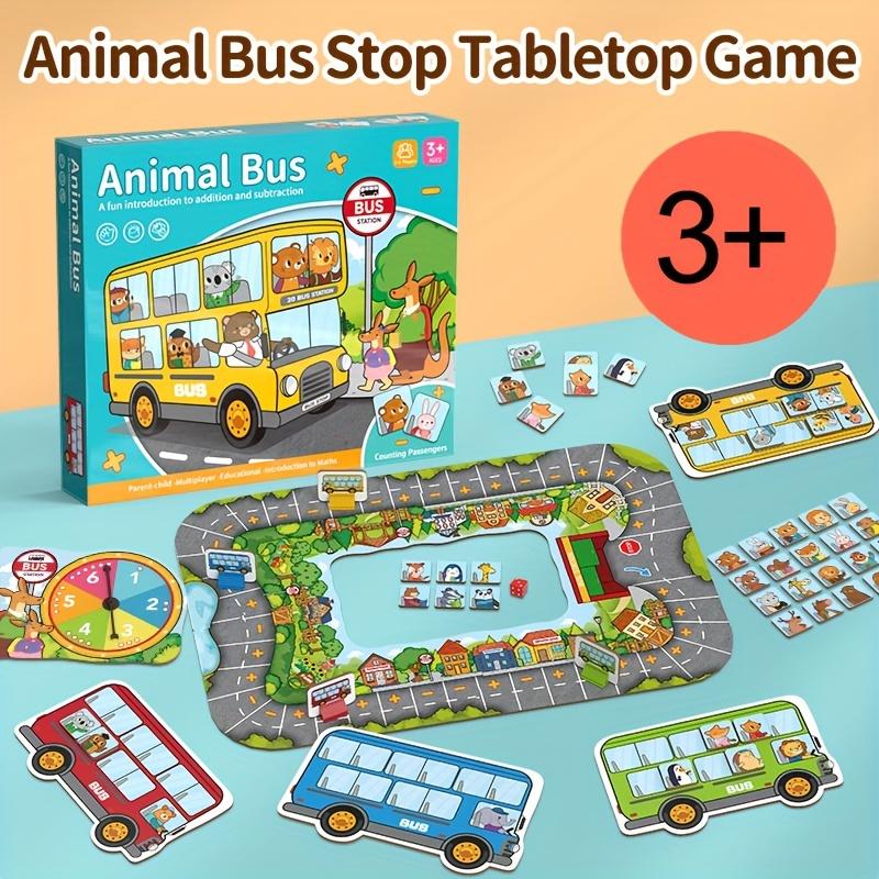 Tierische Bushaltestellen-Spiel, Additions- und Subtraktionszahlen-Spieler-Mathespiele, Vorschulspiele Autospielzeug für 3+, Fahrgäste im Busspiel abholen und absetzen