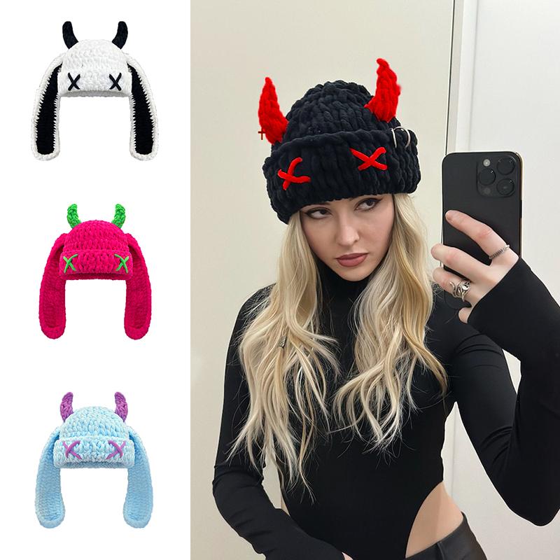 Unisex Autumn Winter Handmade Crochet Knitted Hat Soft Warm Long Ear Beanie Hat Men Women Casual Y2K SkullCap Hats Ski Caps