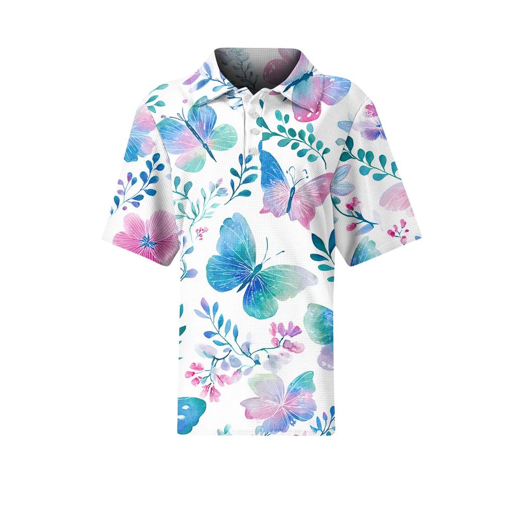 Women’s Casual Short Sleeve Knit Collared Top with Floral Print Relaxed Fit Button Down Blouse for Daily Wear