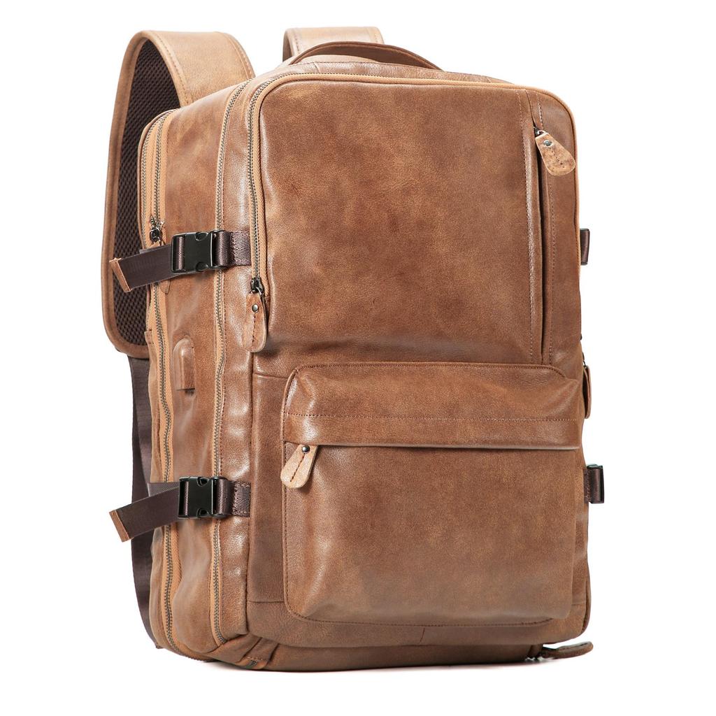 Men's Genuine Leather Expandable Large Capacity Shoulder Backpack for Business Travel