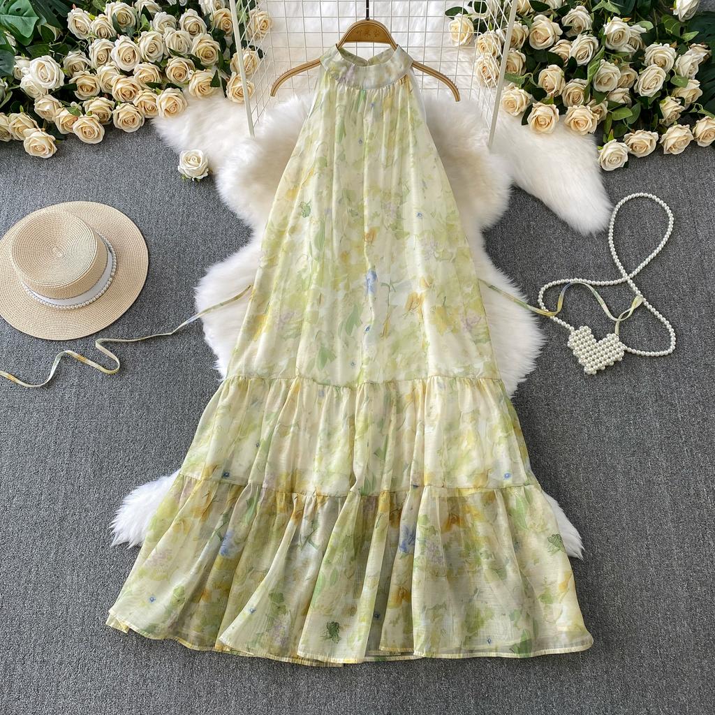 Summer Women Print Sleeveless Long Midi Oversize Loose Holiday Seaside Lace-up Dresses