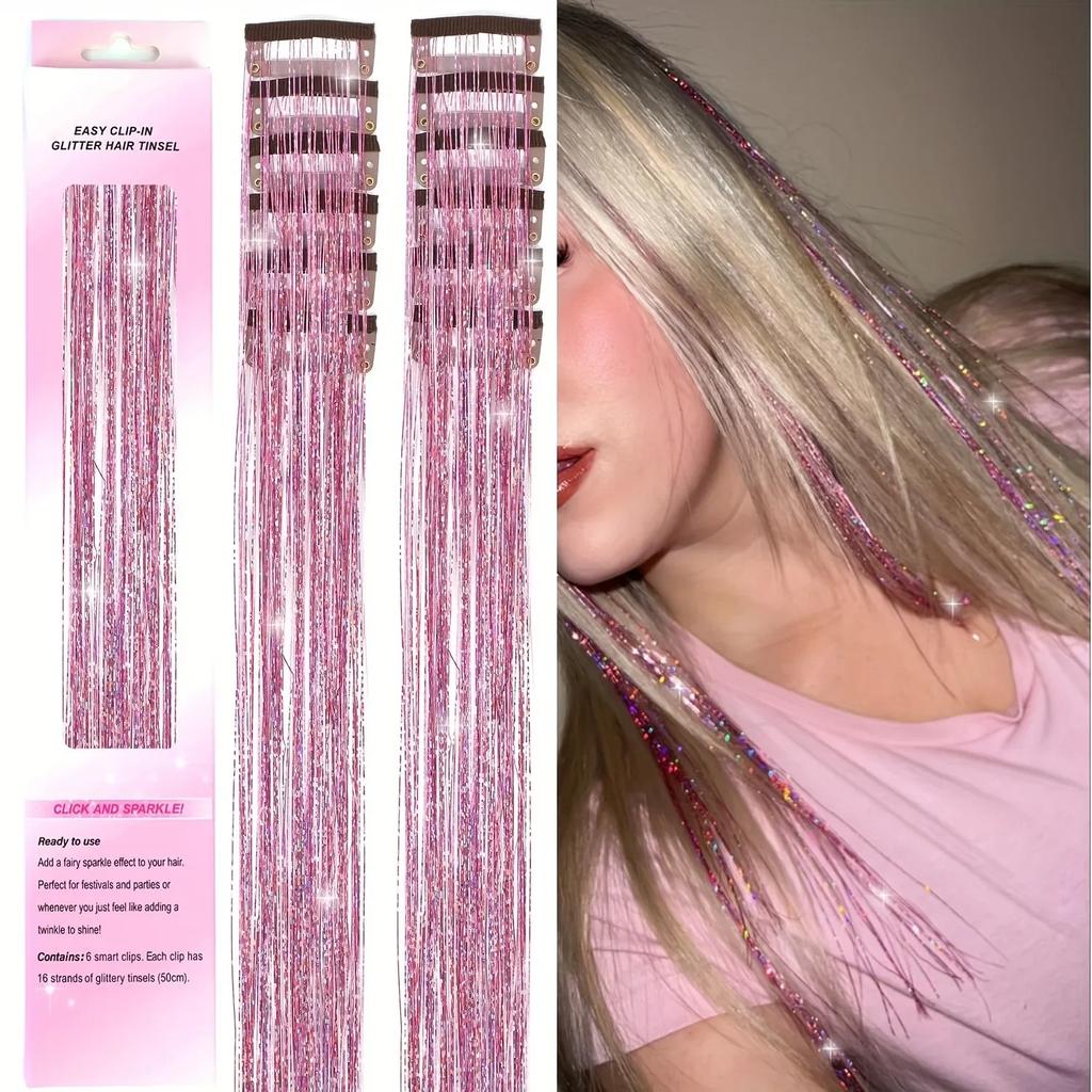 12pcs Colorful Shiny Synthetic Sparkling Tinsel Hair Extensions for Women Braiding Tools BB Clip Wig Concert Hair Accessories