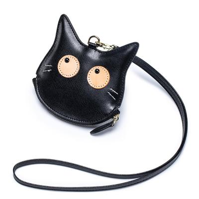 Yocipa Echte Leder Katzen-Münzbörse, Mini-Portemonnaie für Damen, Nackenbeutel, Leder-Münzetui, Multifunktional, Kompaktes Nackenportemonnaie mit Band, Niedlich