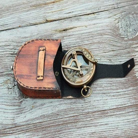 Vintage Sundial Compass with Leather Case Brass Compass Gift for Him Engraved Compass Sundial Push Compass for Camping, Hiking, Touring
