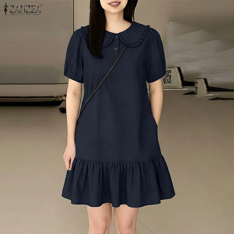 ZANZEA Abito midi casual da donna a maniche corte, tinta unita, con colletto rovesciato