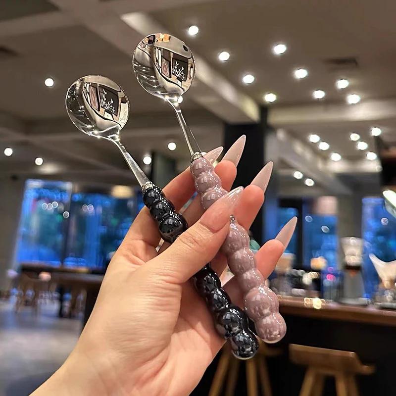 1PCS Pearl Handle Spoon Stainless Steel Stirring Spoons Party Cutlery Gadgets Ice Cream Cake Dessert Spoon Bar Kitchen Access