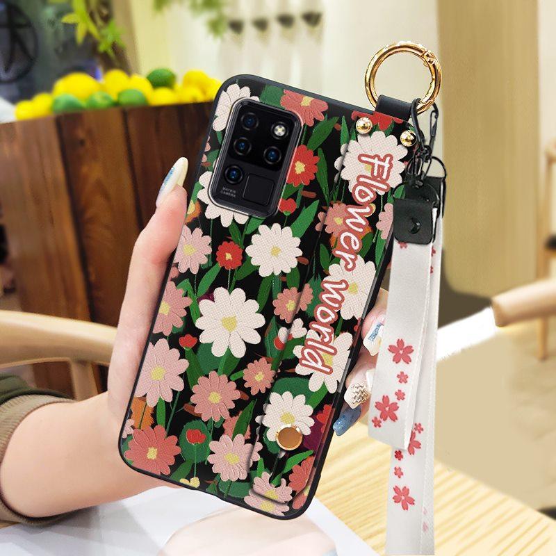 Waterproof Durable Phone Case For Oukitel C21 Wristband Wrist Strap Shockproof Silicone Kickstand Protective Ring Flower