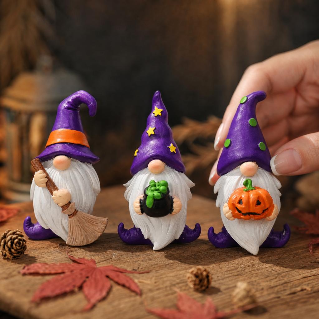 Halloween Gnome Statue Set of 3 Resin Figurines with Witch Hats and Seasonal Accessories for Indoor Outdoor Decor